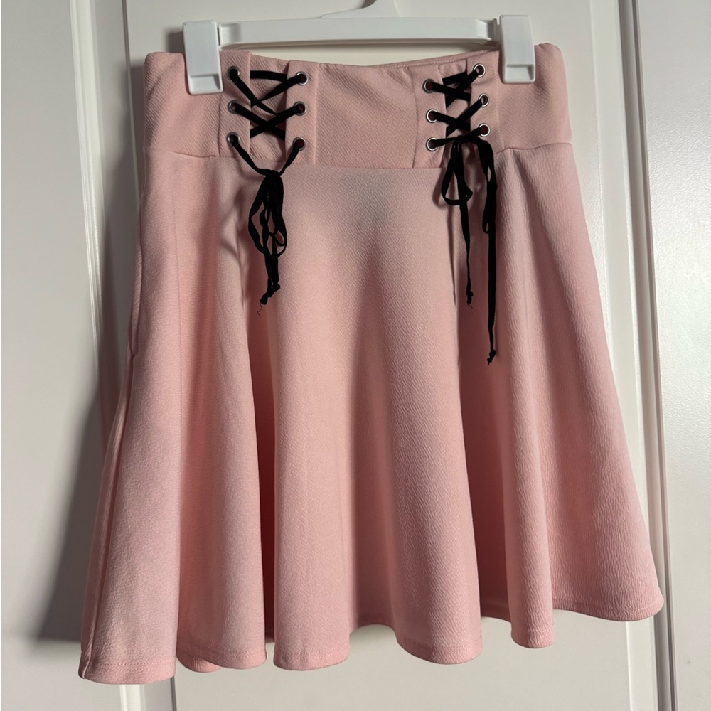 Pink Lace-Up Flared Skirt